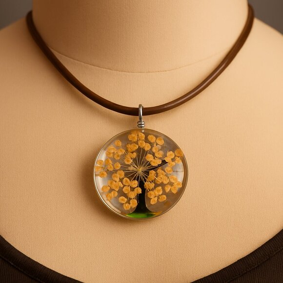 Tree of Life Round Resin Pendant Necklace Orange Blossom Jewelry - Green Cord - Picture 1 of 7